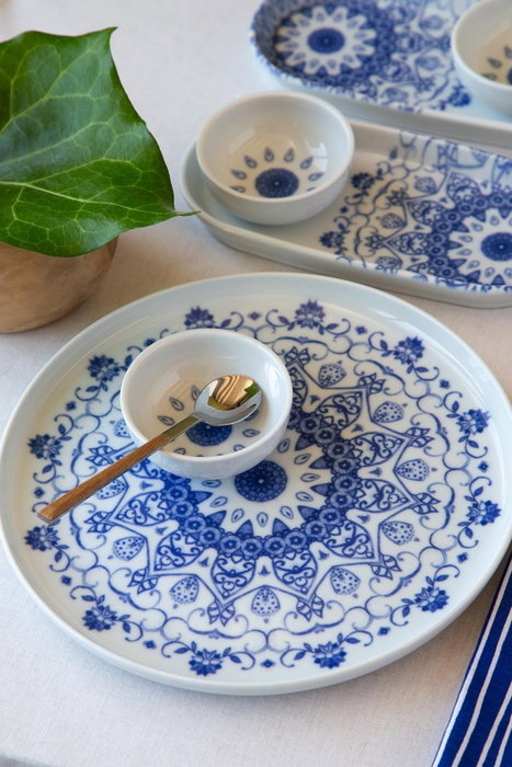 Hermia Juego de desayuno de porcelana 14 piezas blanco y azul